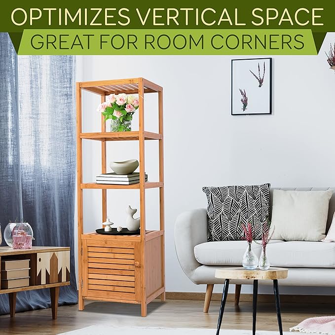 SereneLife 5-Tier Bamboo Bathroom Storage, Corner Slim Rack Cabinet Organizer Unit, 13.38 x 43.3 inch Bathroom Shelf, Towel Stand, Bookshelf, Freestanding Furniture with Shelves Indoor&Outdoor use