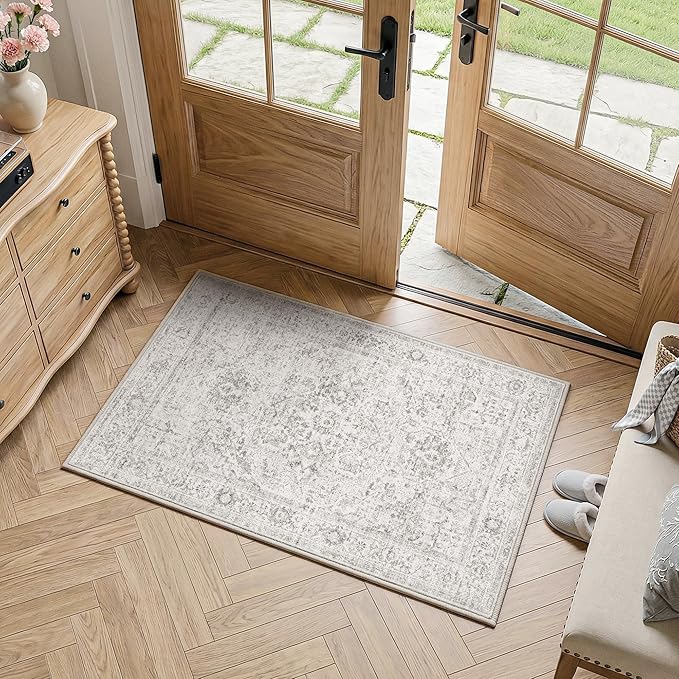 FMFUNCTEX Entryway Rug 2x3 Washable Grey Vintage Distressed Oriental Door Mat Non Slip Low Pile Indoor Carpet Soft Small Gray Throw Area Rugs for Entry Way Entrance Bedroom Kitchen Bathroom Laundry