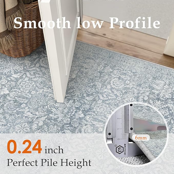 PureCozy Washable Area Rug 2x3, Small Non-Slip Entryway Door Mat Vintage Low Plie Thin Indoor Kitchen Bathroom Rug Retro Accent Throw Entrance Bedroom Office Carpet Blue