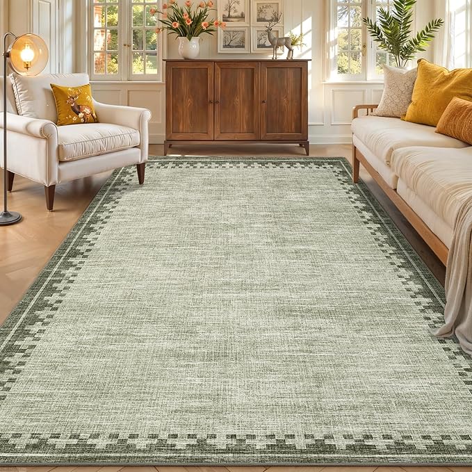GarveeHome 8x10 Neutral Area Rugs Machine Washable&Non Slip Modern Bordered Stain Resistant Low Pile Carpet for Living Room Dining Room Bedroom Laundry Room Home Office, Green