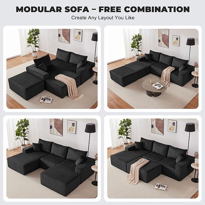 Weture 108” Modular Sectional Couches, Modern Modular U-Shape Sofa with Chaise, Cloud Sectional Couch with Deep Seat, Upholstered Boneless Sofa for Living Room (Corduroy, Black)