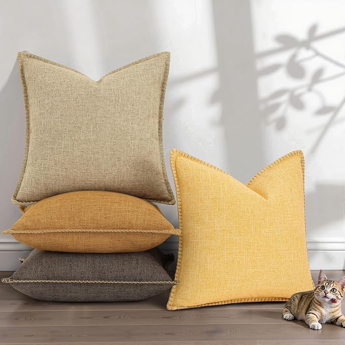 decorUhome Summer Decorative Throw Pillow Covers 18x18 Set of 2 Square Faux Linen Farmhouse Pillow Covers with Stitched Edge Outdoor Neutral Pillow Covers for Couch Sofa Living Room, Chocolate