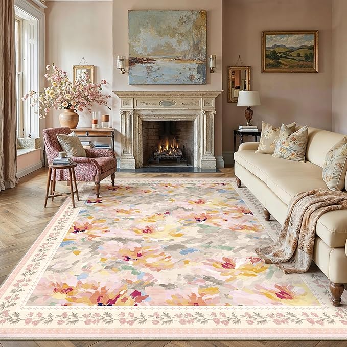 8x10 Washable Area Rug Beige Pink Living Room Bedroom Floral Throw Rug Abstract Modern Non Slip Soft Low Pile Large Carpet for Dining Room Office Nursery