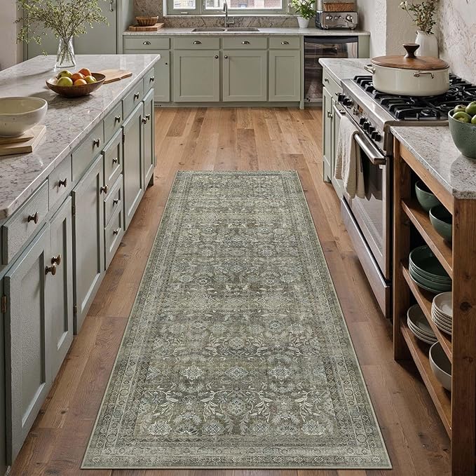 2x6 Washable Floral Hallway Runner Rug Kitchen Vintage Low Pile Non Slip Area Rug Soft Stain Resistant Carpet Distressed Door Mat Entryway Bedroom Living Room Indoor Stair