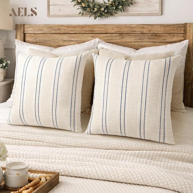AELS 26x26 Decorative Farmhouse Linen Blend Throw Pillow Covers, Boho Textured Pillow Case, Set of 2, Beige with White & Navy Blue Stitch Yarn Dyed Stripe Cushion Cover for Living Room (Cover ONLY)