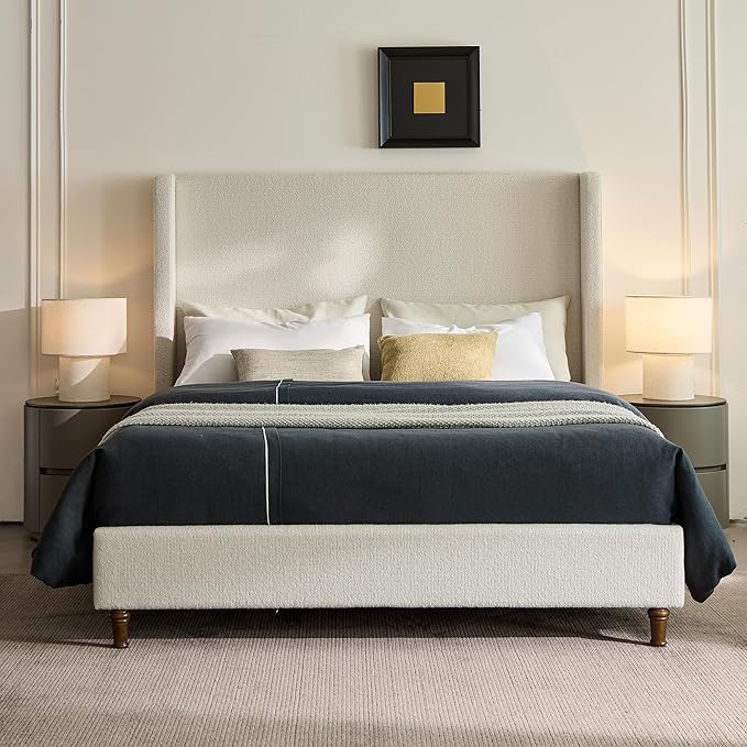 Upholstered Bed Frame King Size, 54" Tall Headboard Curved Wingback Platform Bed Frame/Elegant Boucle Bed Frame for Bedroom/ Wood Slats Support/No Box Spring Needed/Easy Assembly/Cream White Boucle