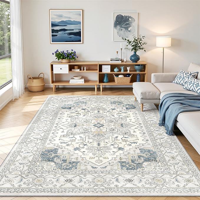 befbee Washable Area Rug 5x7, Area Rugs Stain Resistant Neutral Washable Rugs for Living Rooms Bedroom Vintage Non-Slip Thin Large Size Area Rug（BeigeBlue）
