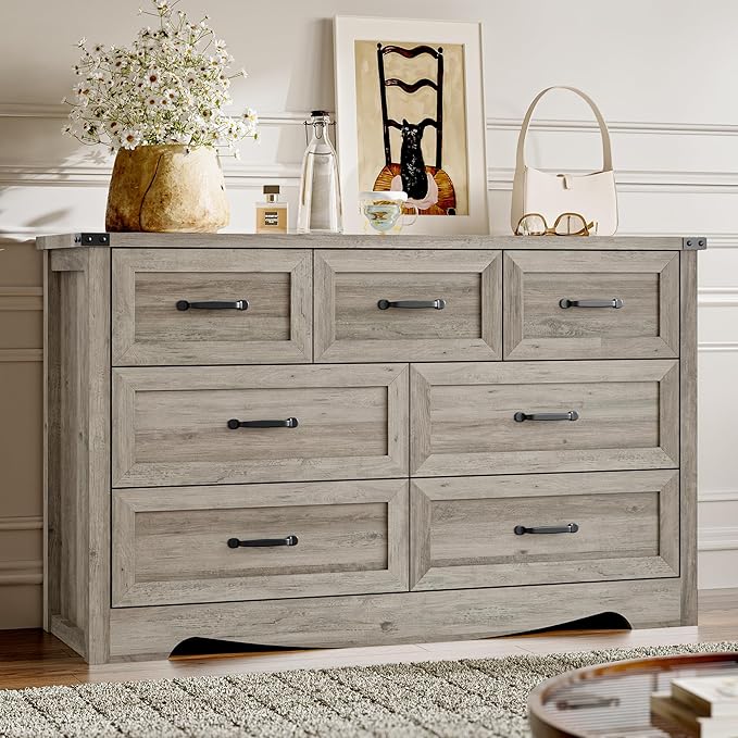 BORNOON 7-Drawer Dresser for Bedroom, Modern Wooden Chest of Drawers with Metal Handles, Anti-Tipping Design, Sturdy and Stable Storage Organizer for Living Room, Entryway, Home Office