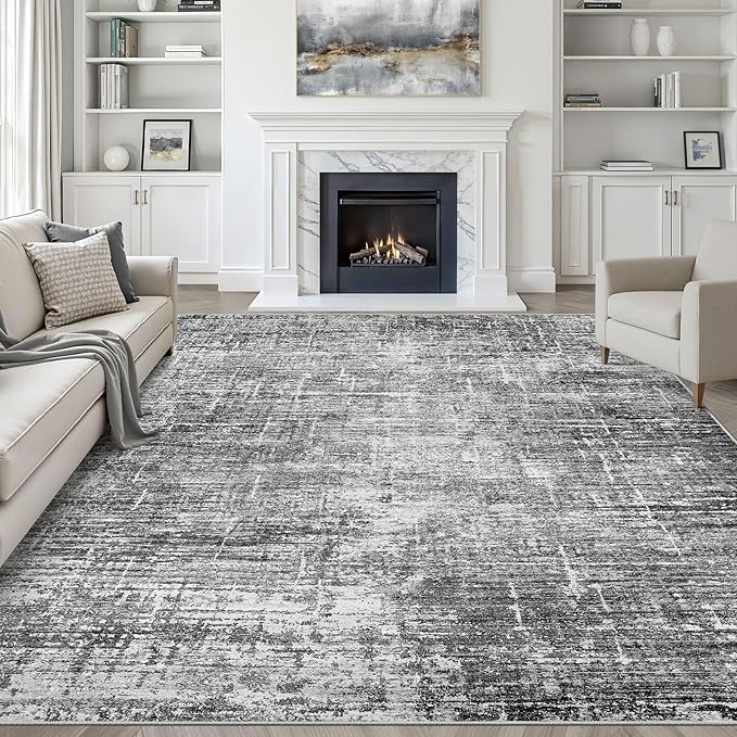 9x12 Area Rug Living Room: Washable Large Neutral Black Rug Abstract Soft Modern Stain Resistant Indoor Floor Non-Slip Carpet for Bedroom Nursery Kids Office Playroom Dining Room Under Table Home