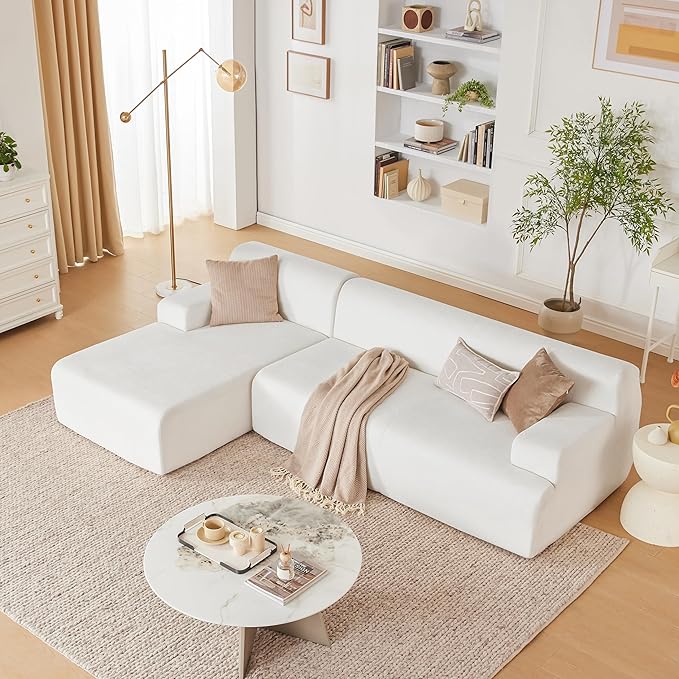 Weture 107" Modular Sectional Cloud Couch, Boneless couches Sponge sectionals for Living Room, High Density Sponges Sofa, Modular L-Shape with Chaise, White