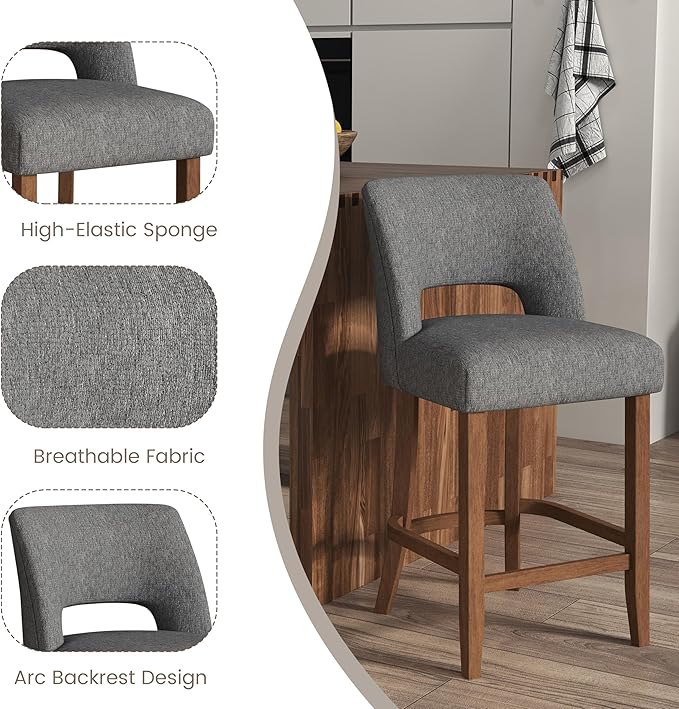 VKNOW Bar Stools Set of 4, 26" Upholstered Counter Height Bar Stools, Modern Counter Stools with Wood Legs for Kitchen Island Dining Room Bar, Charcoal