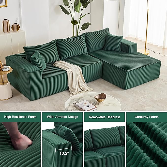 Weture 108” Modular Sectional Sofa, Cloud Sectional Couch with Deep Seat, Modern Modular L-Shape Sofa with Chaise,Upholstered Boneless Couches for Living Room Bedroom (Corduroy, Green)