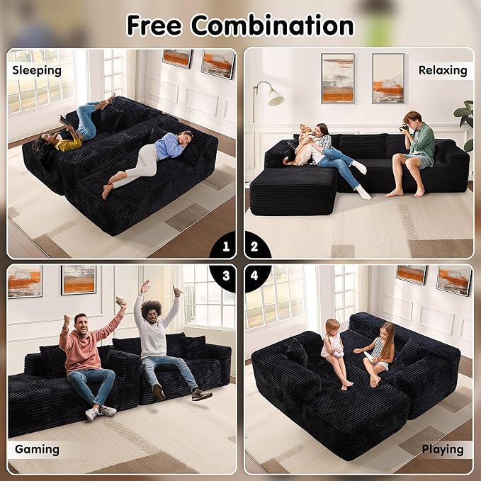 ovios 104" Cloud Boneless Couch with L-Shape Chaise,Modern Sectional Modular Sofa with Deep Seat, Upholstered Couches for Living Room Bedroom,No Assembly Required, Black (Plush Corduroy Fabric)
