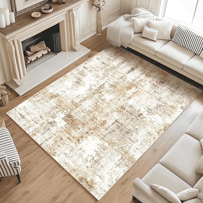 Fmfunctex 9x12 Washable Abstract Area Rug Brown Grey Neutral Modern Large Non Slip Carpet for Living Room Bedroom Soft Low Pile Indoor Mat Accent Throw Rug for Dining Kitchen Office Nursery, Grey Gold