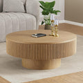YOUDENOVA 31.5” Round Fluted Coffee Table, Modern Wood Circle Coffee Table, Veneer Handcrafted Relief Tea Table with Sturdy Pedestal for Living Room - Natural