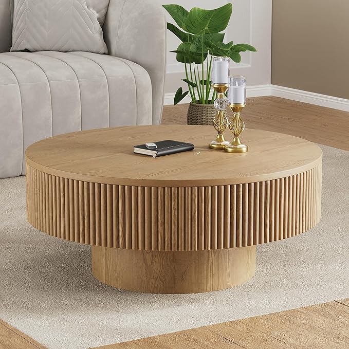 YOUDENOVA 31.5” Round Fluted Coffee Table, Modern Wood Circle Coffee Table, Veneer Handcrafted Relief Tea Table with Sturdy Pedestal for Living Room - Natural