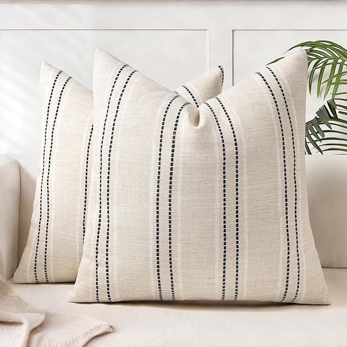 AELS 20x20 Decorative Farmhouse Linen Blend Throw Pillow Covers, Boho Textured Pillow Case, Set of 2, Beige with White & Black Stitch Yarn Dyed Stripe Cushion Cover for Sofa Living Room (Cover ONLY)