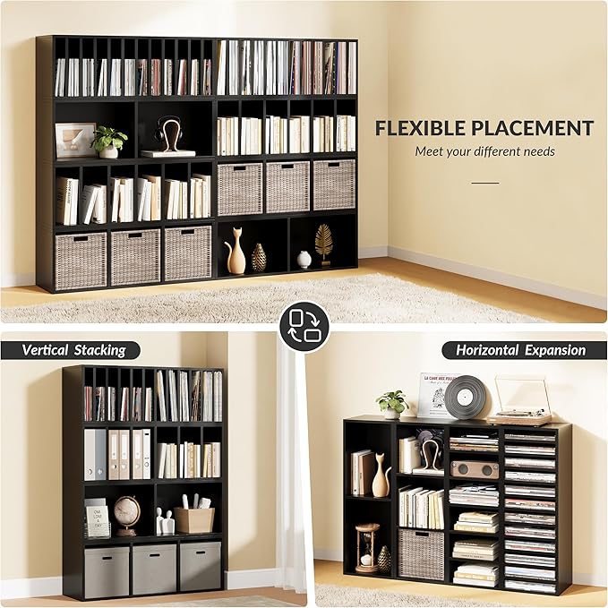 IOTXY DIY Modular Cube Bookcase - CubeXY Customizable Stackable Expandable Combination Set, 23-Cube Open Bookshelf for Books, Fabric Storage Bin, and 7/10-inch Vinyl Record Organizer, Black