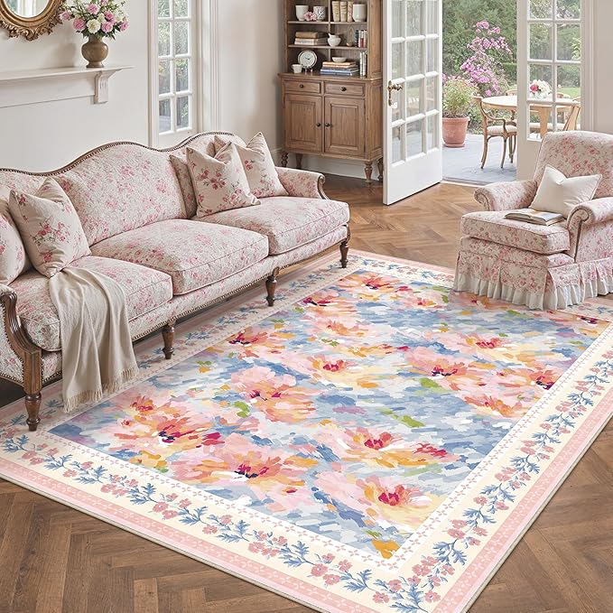 5x7 Washable Area Rug Pink Blue Living Room Bedroom Floral Throw Rug Abstract Modern Non Slip Soft Low Pile Carpet for Dining Room Office Nursery Indoor