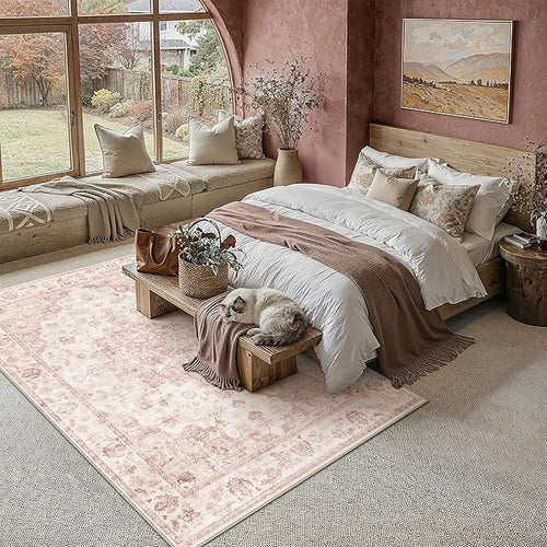 8x10 Washable Neutral Area Rug Pink Vintage Living Room Bedroom Carpet Non-Slip Soft Low Pile Farmhouse Indoor Large Throw Rug for Dining Room Office