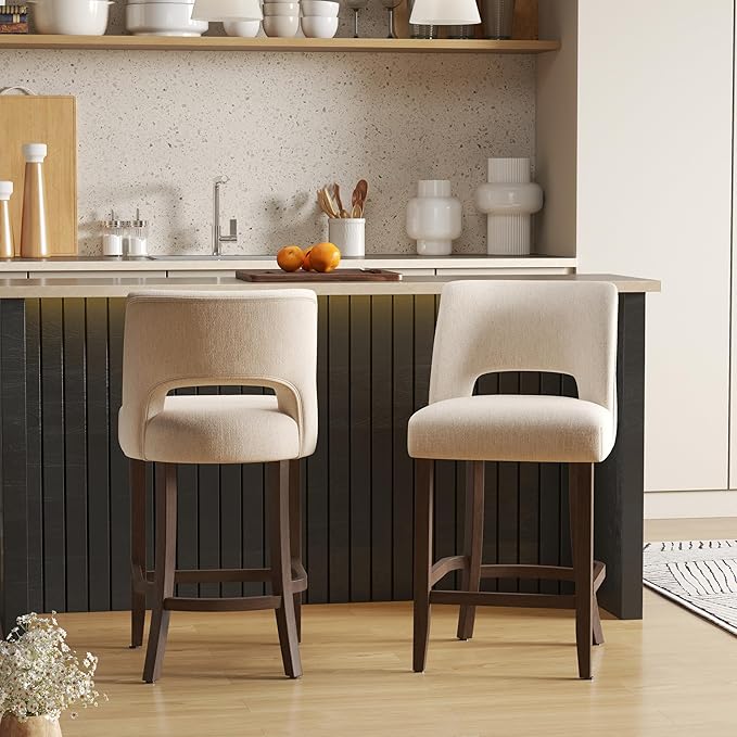 VKNOW Bar Stools Set of 2, 26" Upholstered Counter Height Bar Stools, Modern Counter Stools with Wood Legs for Kitchen Island Dining Room Bar, Beige