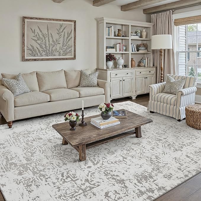 5x7 Fluffy Area Rug Grey Shag Neutral Throw Carpet for Living Room Soft Medium Pile Floral Throw Rug for Bedroom Dorm Office Dining Room Kitchen Modern Decor