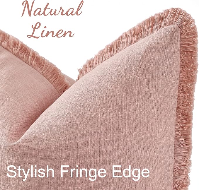 decorUhome Summer Decorative Neutral Linen Fringe Throw Pillow Covers Set of 2 Pink Pillow Covers with Tassels Soft Farmhouse Boho Accent Pillow Cases for Couch Bed Sofa 20x20 Inch