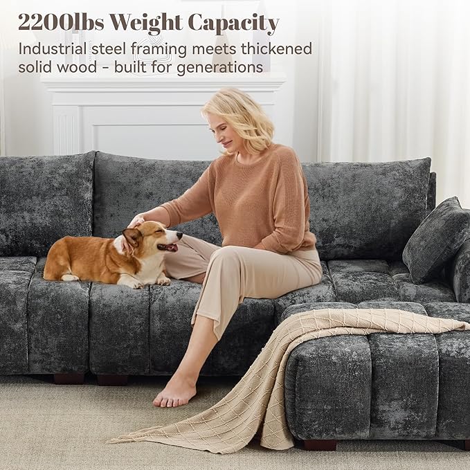143" Oversized U Shaped Couch, Large Chenille Cloud Couch with Two Movable Ottomans, Memory Foam and Solid Wood Legs, Mid Century Modern Modular Sectional Couches for Living Room, Tufted Sofa, Grey