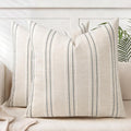 AELS 24x24 Decorative Farmhouse Linen Throw Pillow Covers, Boho Textured Pillow Case, Set of 2, Beige with White & Gray Stitch Yarn Dyed Stripe Cushion Cover for Sofa Couch Living Room (Cover ONLY)