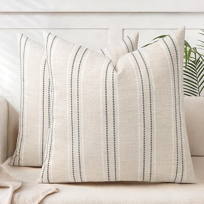 AELS 24x24 Decorative Farmhouse Linen Throw Pillow Covers, Boho Textured Pillow Case, Set of 2, Beige with White & Gray Stitch Yarn Dyed Stripe Cushion Cover for Sofa Couch Living Room (Cover ONLY)