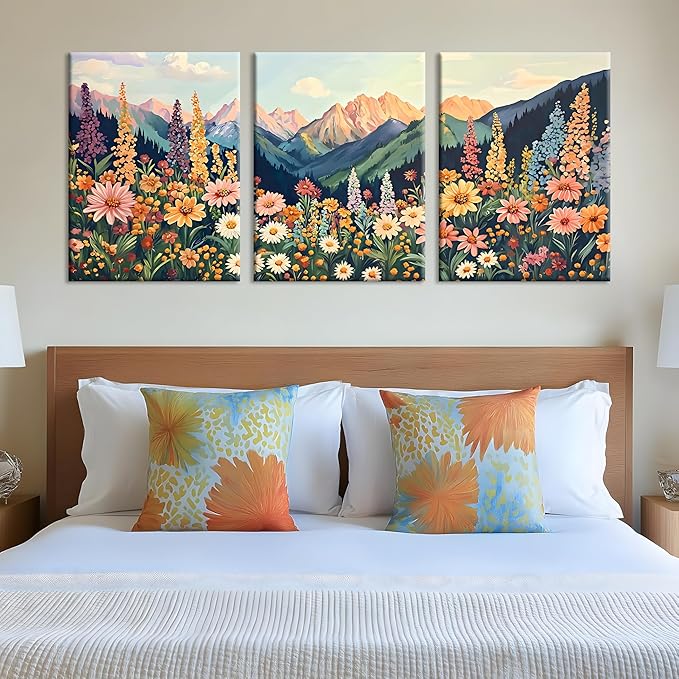 Framed Mountain Daisy Wildflower Landscape Wall Art, Boho Floral Wall Decor, Colorful Daisy Flower Canvas Paintings, Vintage Nature Botanical Poster Prints for Living Room Bedroom 16x24in