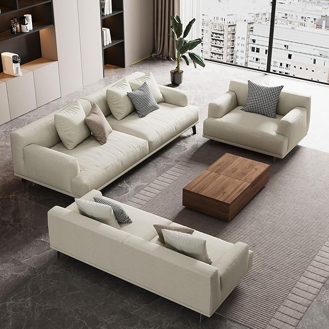 4-Seater Living Room Sofa - Modern Leisure Modular Sofa with Wooden Frame and Metal Legs, Soft Cotton-Linen Fabric, Easy to Install, Suitable for Office, Apartment, and Living Room, Grey, 110.2"
