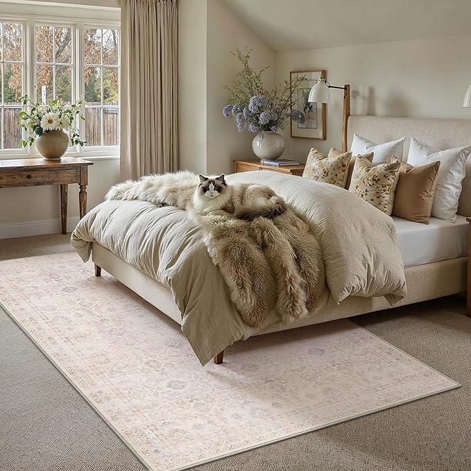 5x7 Washable Neutral Area Rug for Living Room Beige Floral Non Slip Low Pile Throw Rug Modern Traditional Stain Resistant Carpet Bedroom Kitchen Playroom Office Dining Room