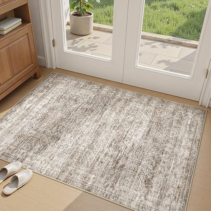 cotiled Large Area Rugs for Living Room, Machine Washable Rugs with Non Slip Backing Modern Neutral Abstract Rugs Stain Resistant Distressed Carpets for Home Office Decor (3x5 Dark Brown)