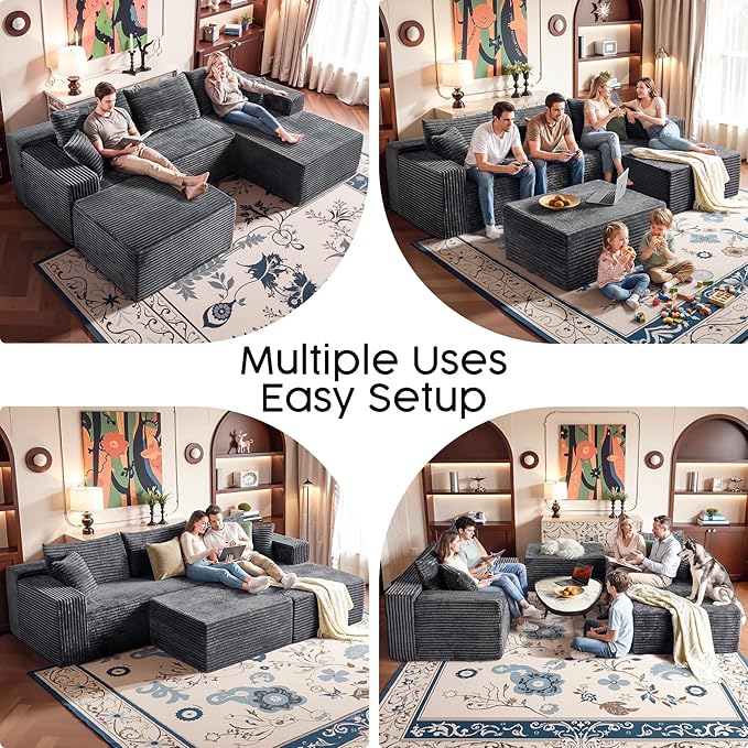 Grey Sectional Couch with Ottoman, 108" Cloud Modular Couch for Living Room, Modern U-Shaped Sofa, No Assembly Required - Plush Corduroy Fabric & Deep Seat Comfort (Left Facing Chaise)