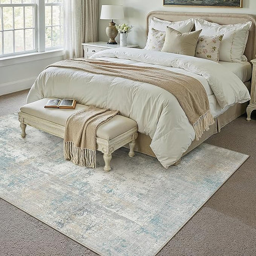 8x10 Washable Area Rug Blue Cream Abstract Non Slip Soft Low Pile Rug for Living Room Bedroom Dining Room Office Neutral Modern Indoor Large Throw Carpet for Home Decor