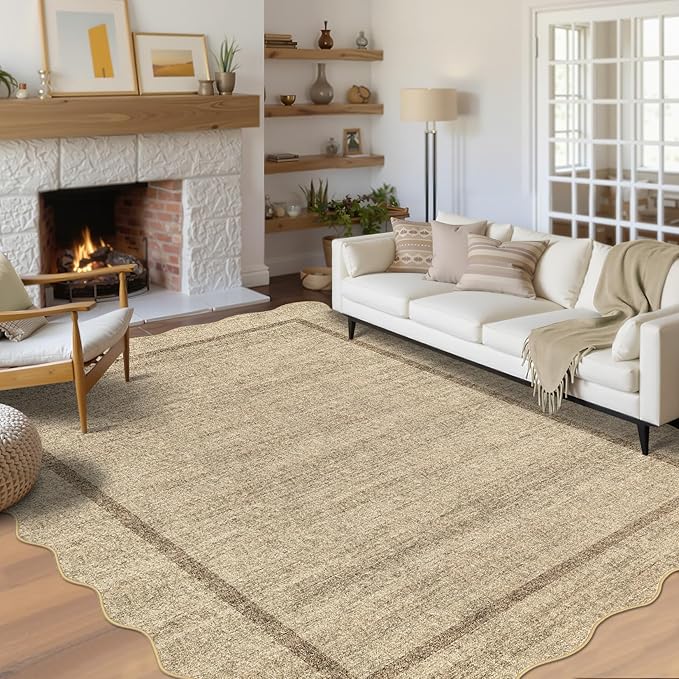 GarveeHome Scalloped Washable Rugs 8x10 Area Rugs for Living Room Modern Non Slip Throw Rugs Large Rug for Bedroom Low Pile Non Shedding Stain Resistant Carpet for Dining Room 8 ft x10 ft Jute