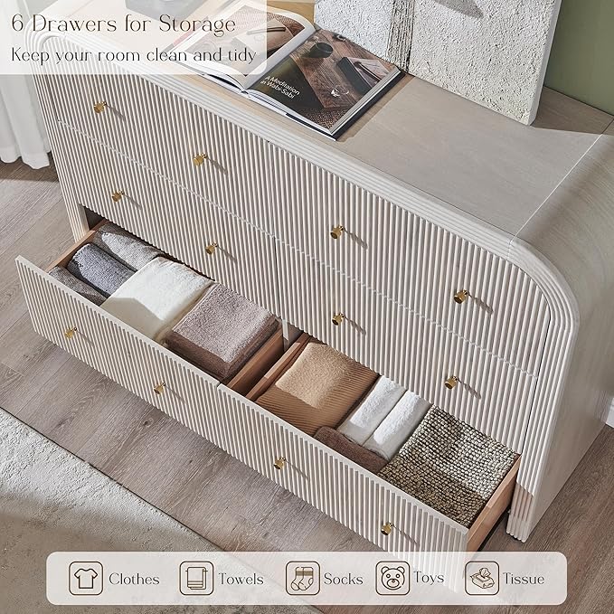 T4TREAM Fluted 6 Drawers Dresser for Bedroom, 54" Wide Modern Chest of Drawers with Thickened Curved Profile Design, Wood Dressers TV Stand for Bedroom, Living Room, Hallway, Alder White