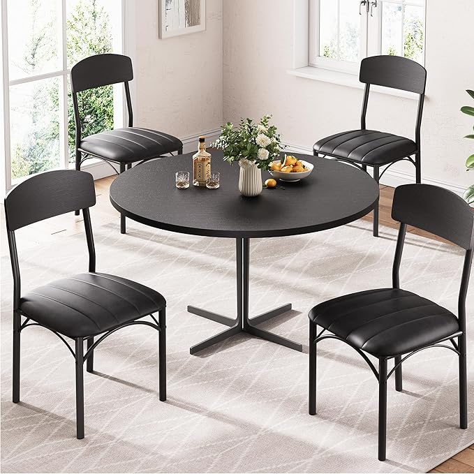 Jocoevol Dining Chairs Set of 4 - Upholstered Dining Room Chairs with PU Leather, Industrial Kitchen Chairs with Wooden Backrest and Thickened Metal Legs, for Dining Room, Living Room（Black）