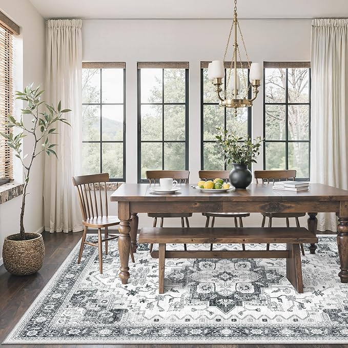 Washable 6x9 Area Rug,Vintage Floral Area Rugs with Non Slip Backing Stain Resistant Grey Carpet for Bedroom Dining Room Indoor Soft Carpets Home Decor(6x9,Grey)