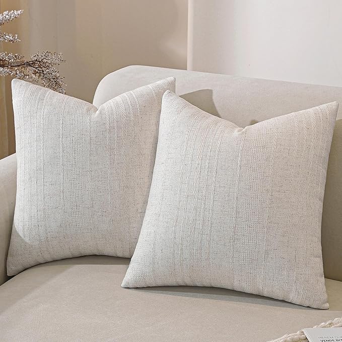 Decorative Neutral Striped Throw Pillow Covers Set of 2-22x22 Inch Boho Farmhouse Pillow Covers, Breathable & Soft Neutral Linen Blend Cushion Covers for Couch Sofa Bedroom Living Room