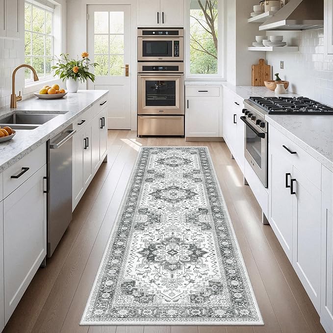 Runner Rug 2'x8' Washable Vintage Area Rugs for Hallway Non Slip Laundry Rug Runner Boho Floor Carpet Runners for Entryway Laundry Room Kitchen Bathroom (2'x8',Grey)