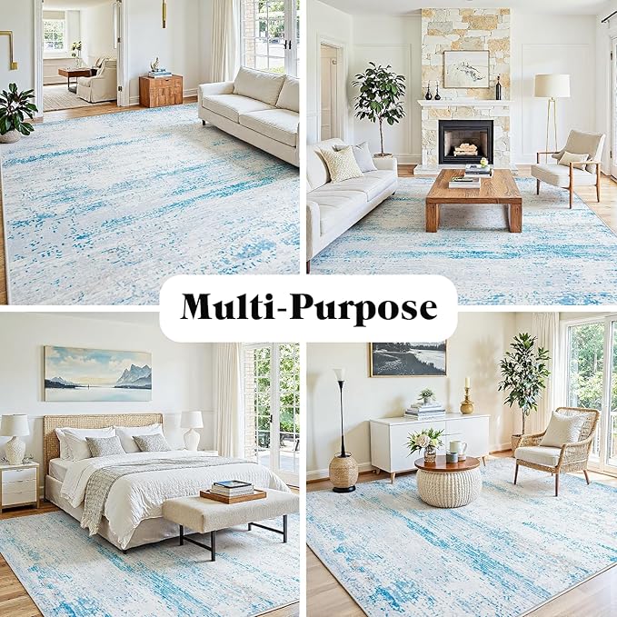 8x10 Area Rugs Washable Rug:Anti-Skid Abstract Modern Living Room Rug Soft Thin Carpets Indoor Floor Non-Shedding Carpet for Bedroom Dining Farmhouse Nursery Home Office(Light Blue/White/Beige, 8x10)
