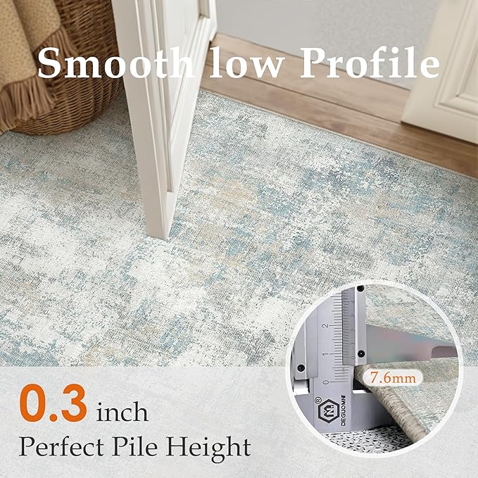 6x9 Washable Area Rug Blue Cream Abstract Non Slip Soft Low Pile Rug for Living Room Bedroom Dining Room Office Neutral Modern Indoor Throw Carpet for Home Decor