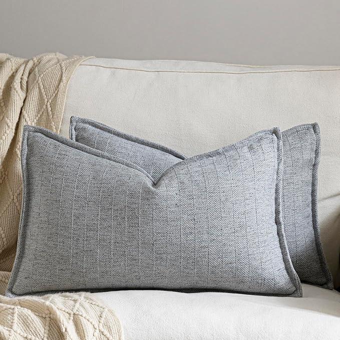 DEZENE 12x20 Linen Pillow Covers Steel Blue Pack of 2 Farmhouse Boho Neutral Accents Striped Textured Rectangular Lumbar Decorative Throw Pillow Cases for Living Room Couch Bed Home Decor
