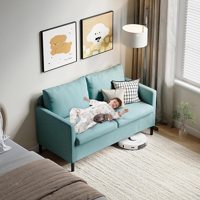 TYBOATLE 51" W Linen Fabric Upholstered Modern Loveseat Sofa Couch for Living Room, Love Seats 2-Seater Furniture w/Iron Legs for Compact Space, Apartment, Bedroom, Dorm, Office, Aqua Blue