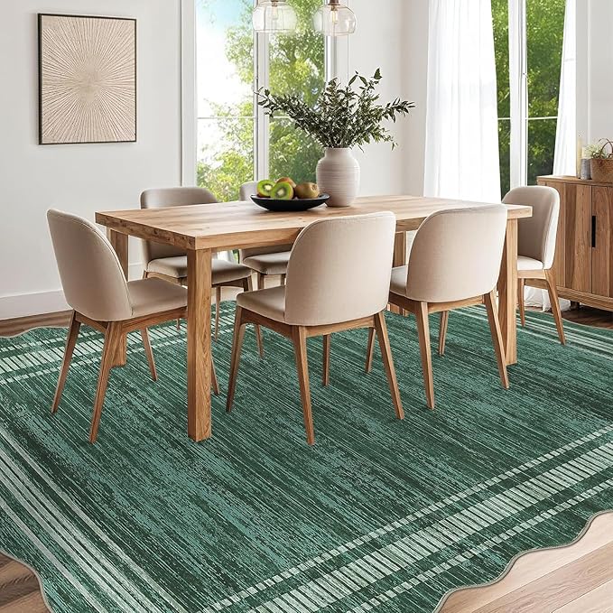 Garvee Scalloped Modern Christmas Area Rug 8x10 Washable Rug for Living Room, Non-Slip Soft Carpet for Bedroom, Scalloped Low-Pile Christmas Print Accent Rug for Dining Room Home Office, Green