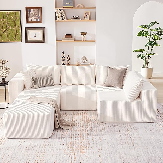 Weture 135.4" Cloud Couch Sectional, Modular Sectional Sofa with Deep Seat, Plush Corduroy U Shaped Boneless Couch, Convertible Sectional Couches for Living Room, 6Seat, Beige