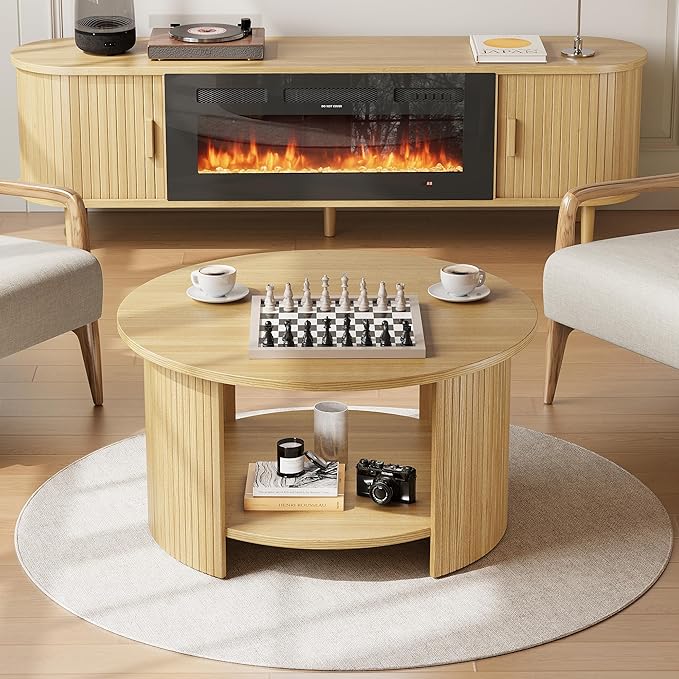 Round Coffee Table with Storage, 31.5" Modern Fluted Center Table, 2-Tier Mid Century Coffee Table, Wood Circle Table for Living Room, Home Office, Small Space, Oak
