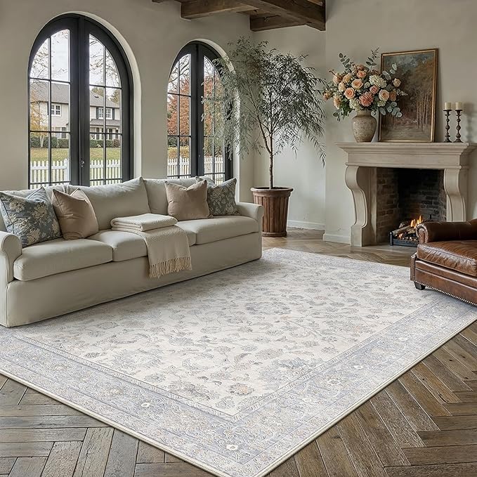 6x9 Blue Washable Area Rug for Living Room Bedroom Neutral Soft Floral Non Slip Thin Throw Rug Lightweight Vintage Low Pile Distressed Carpet Doormat Office Playroom Dining Room Classroom